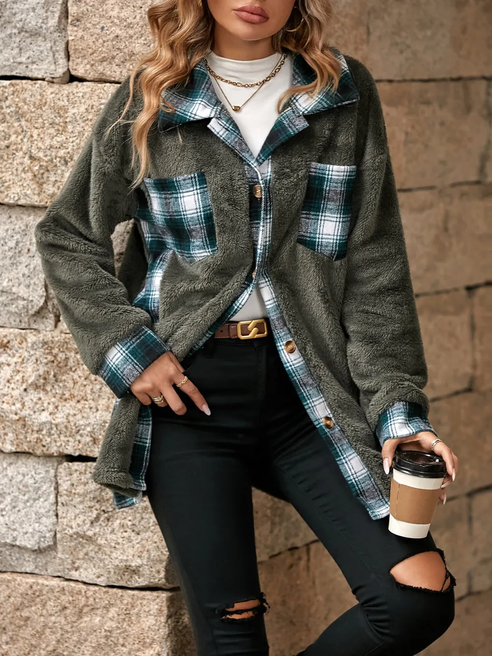Plaid Contrast Dropped Shoulder Coat, image 13