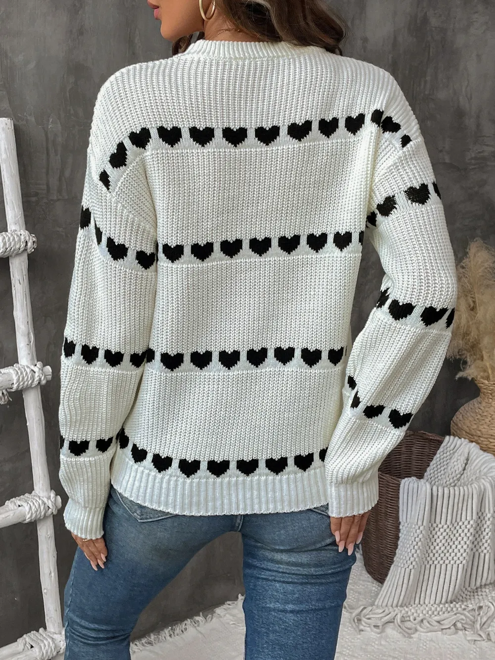 Heart Round Neck Long Sleeve Sweater, image 3