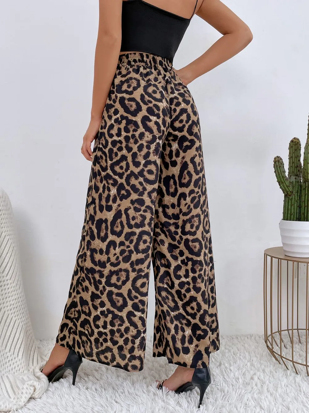 Printed Elastic Waist Wide Leg Pants, image 4