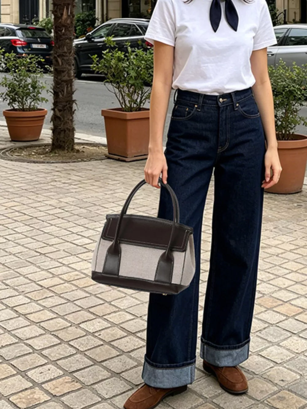 Minimalist Two-Tone Canvas and Leather Structured Handbag, image 2