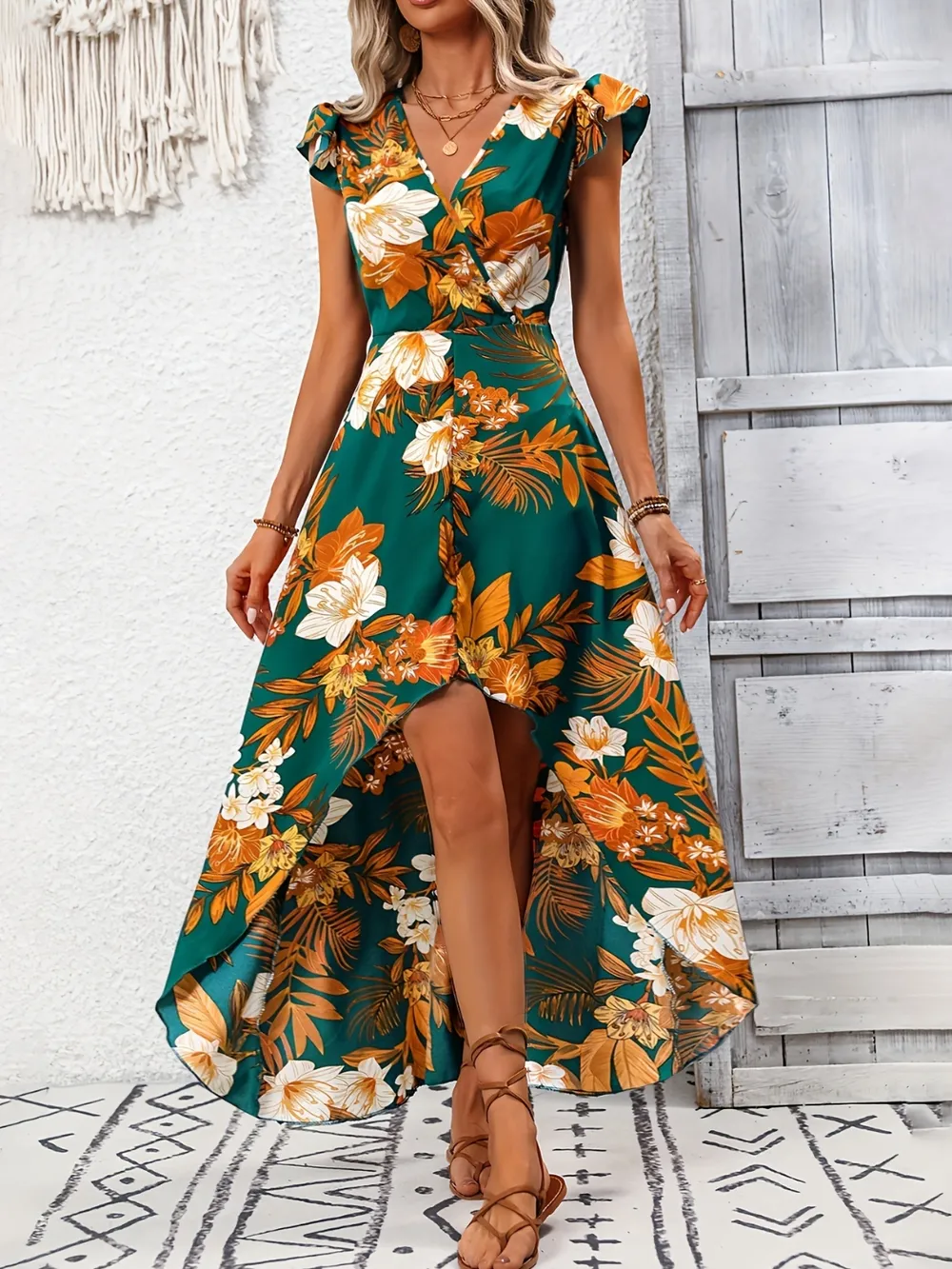 High-Low Printed Cap Sleeve Maxi Dress, image 4