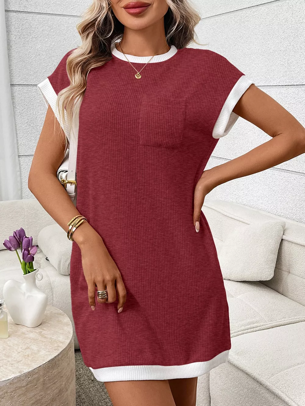 Contrast Trim Ribbed Knit Mini Dress with Pocket, image 17