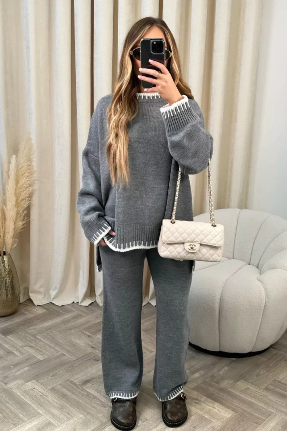 Contrast Trim Round Neck Top and Pants Sweater Set, image 17