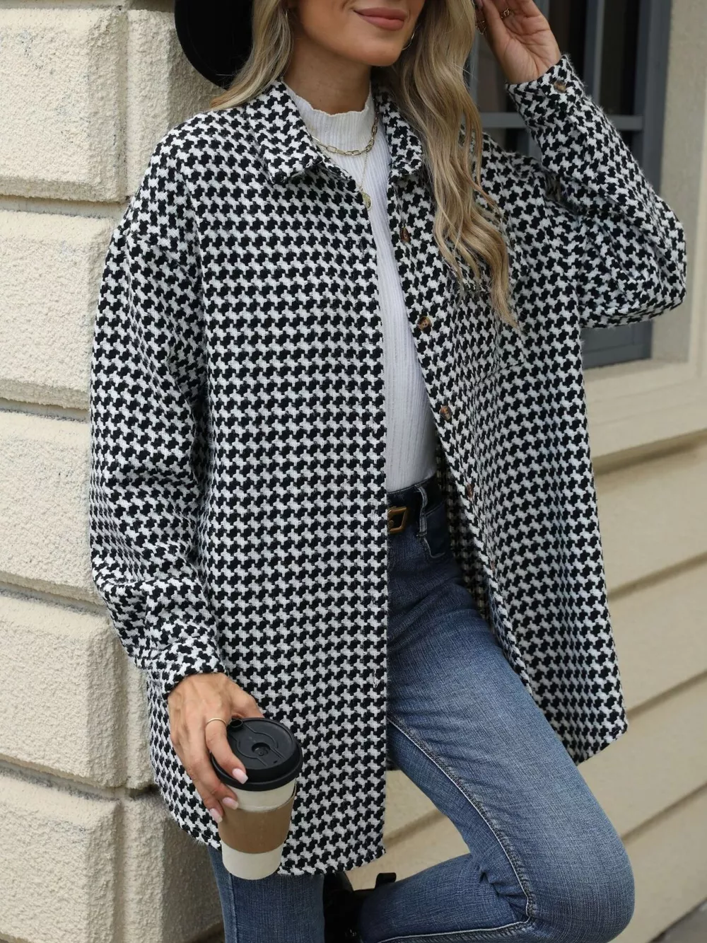 Houndstooth Button Up Long Sleeve Coat, image 4