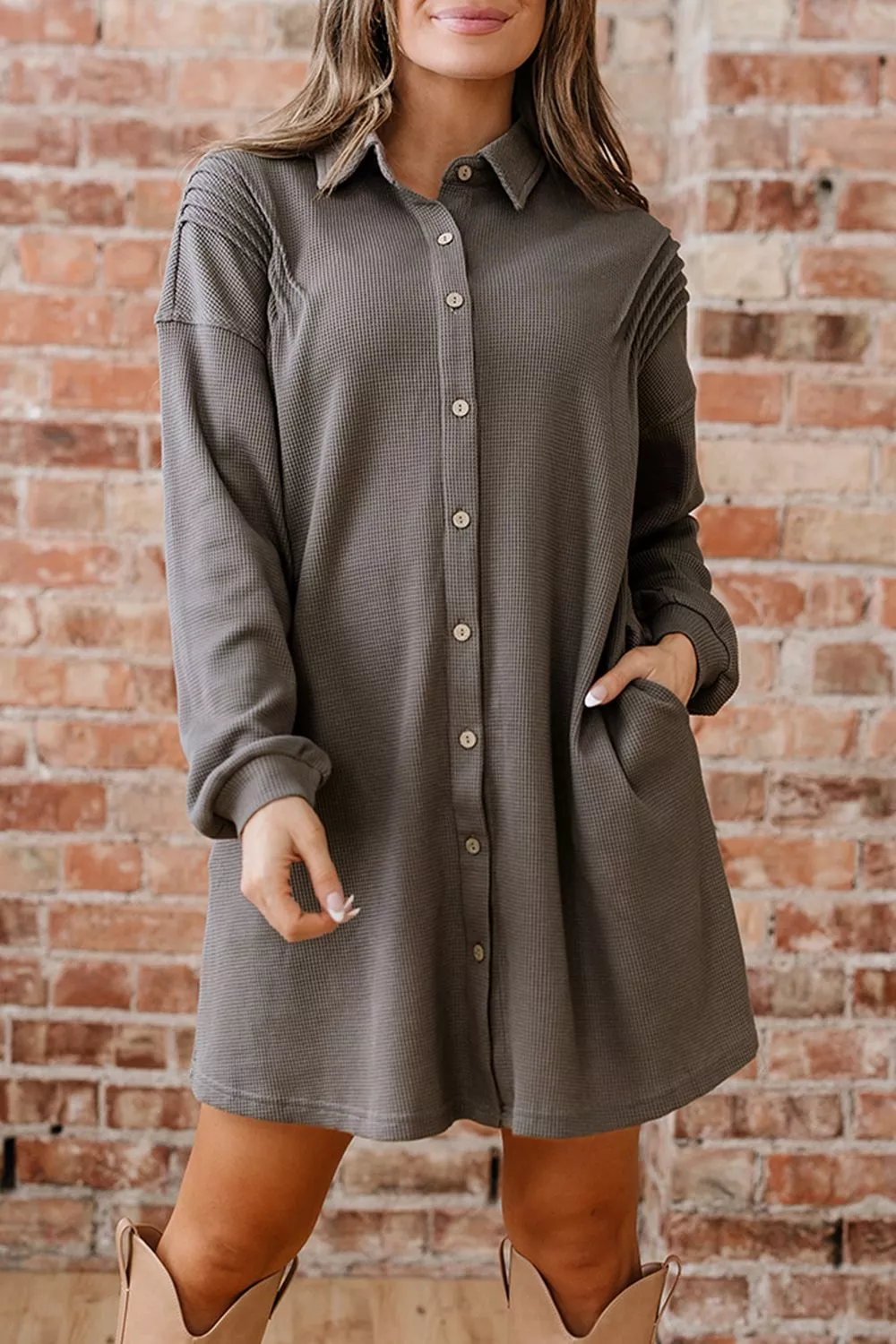 Waffle Knit Shirt Tunic Dress, image 4