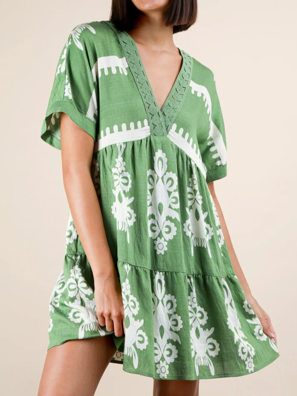 Printed V-Neck Short Sleeve Mini Dress, image 12