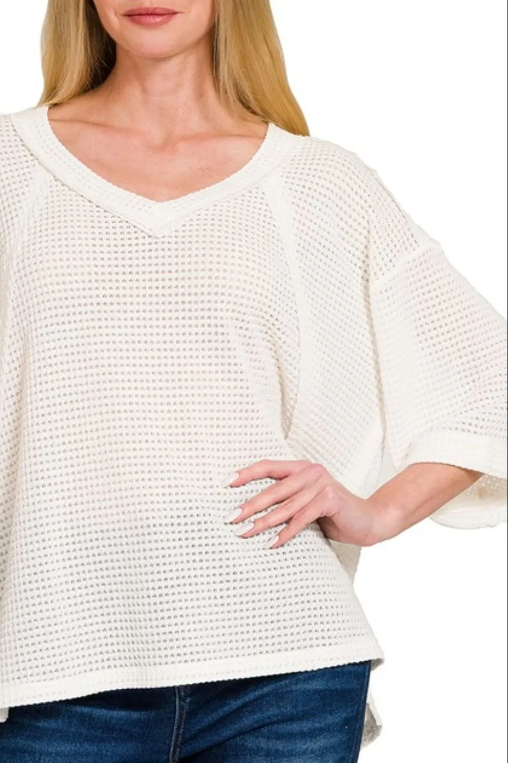 Brushed Waffle Exposed-seam 3/4 Sleeve Top, image 3