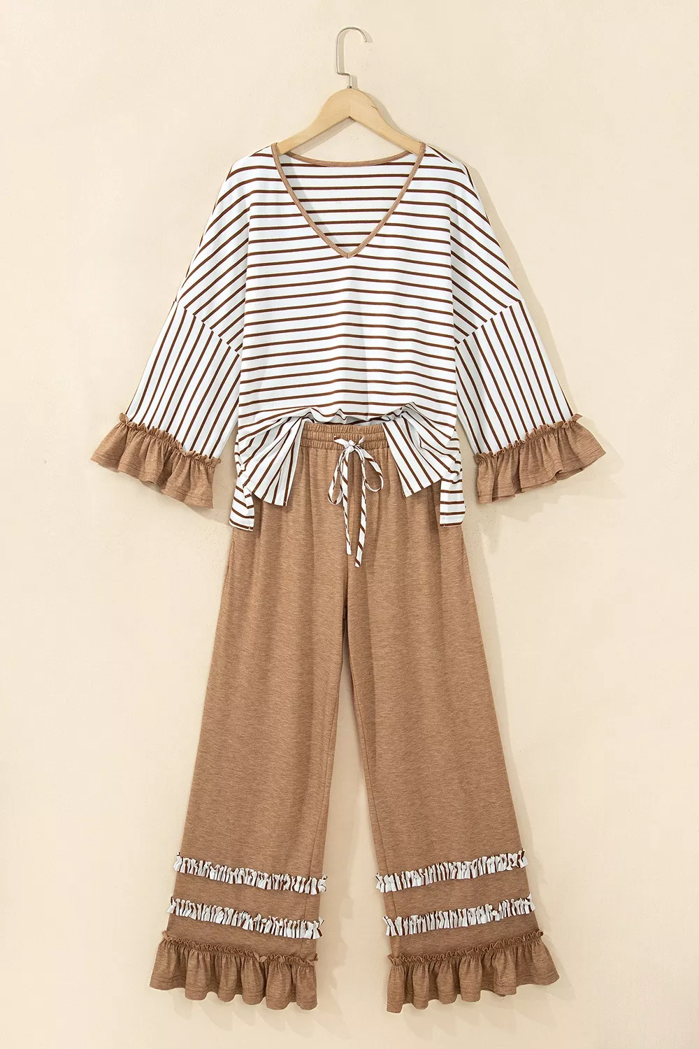 Stripe V Neck Ruffle Contrast Sleeve Top Drawstring Pants 2pcs Set, image 2