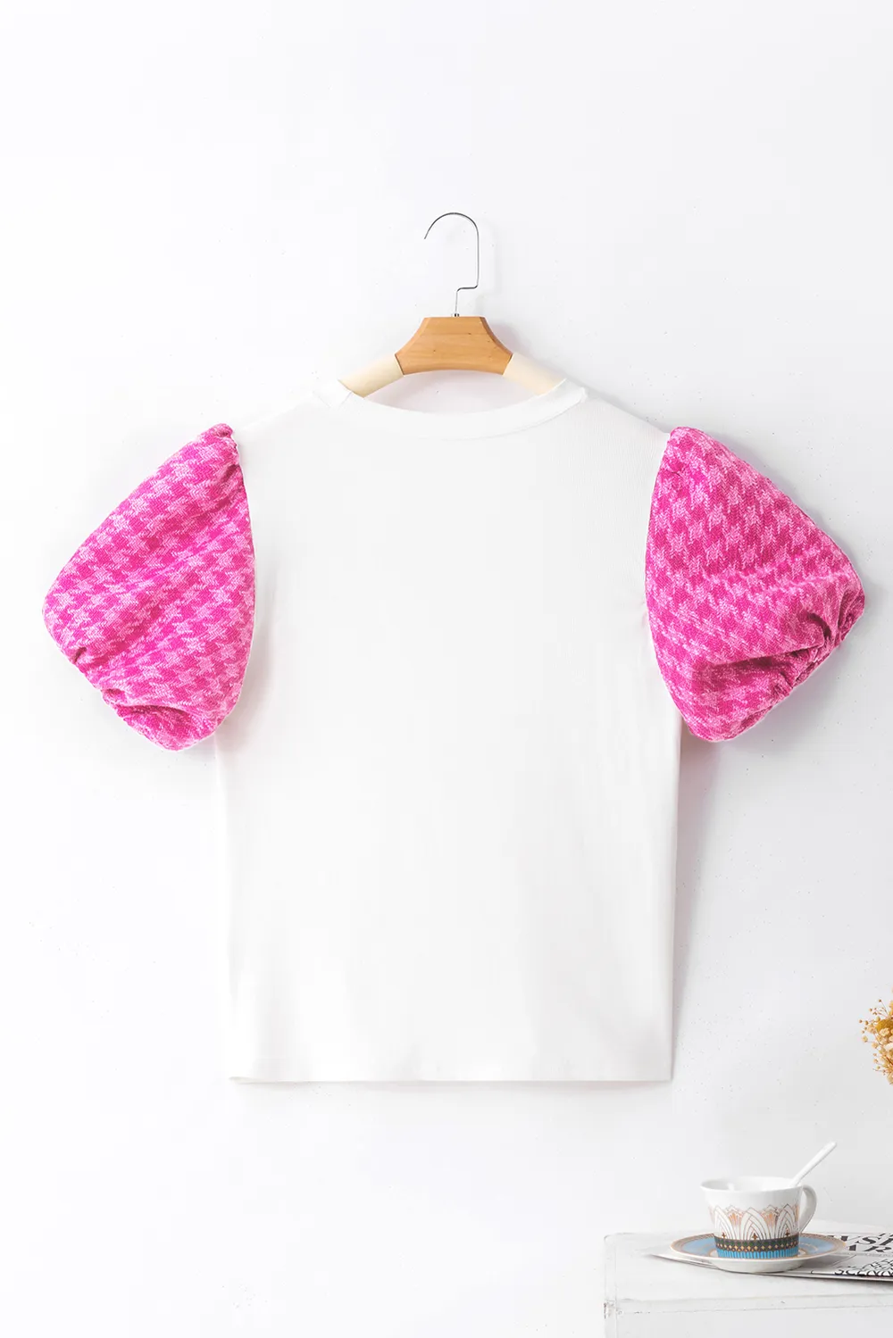 Round Neck Contrast Tweed Puff Sleeve Top, image 5