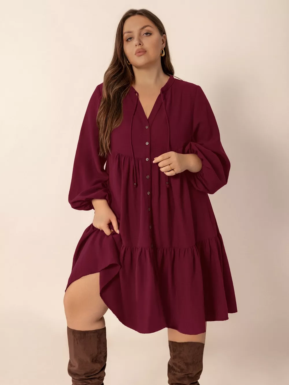 Plus Size Button Front Balloon Sleeve Dress, image 2
