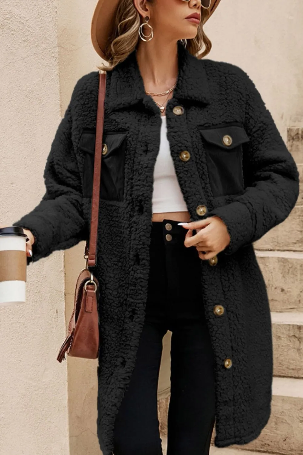 Collared Neck Long Sleeve Longline Teddy Jacket, image 9