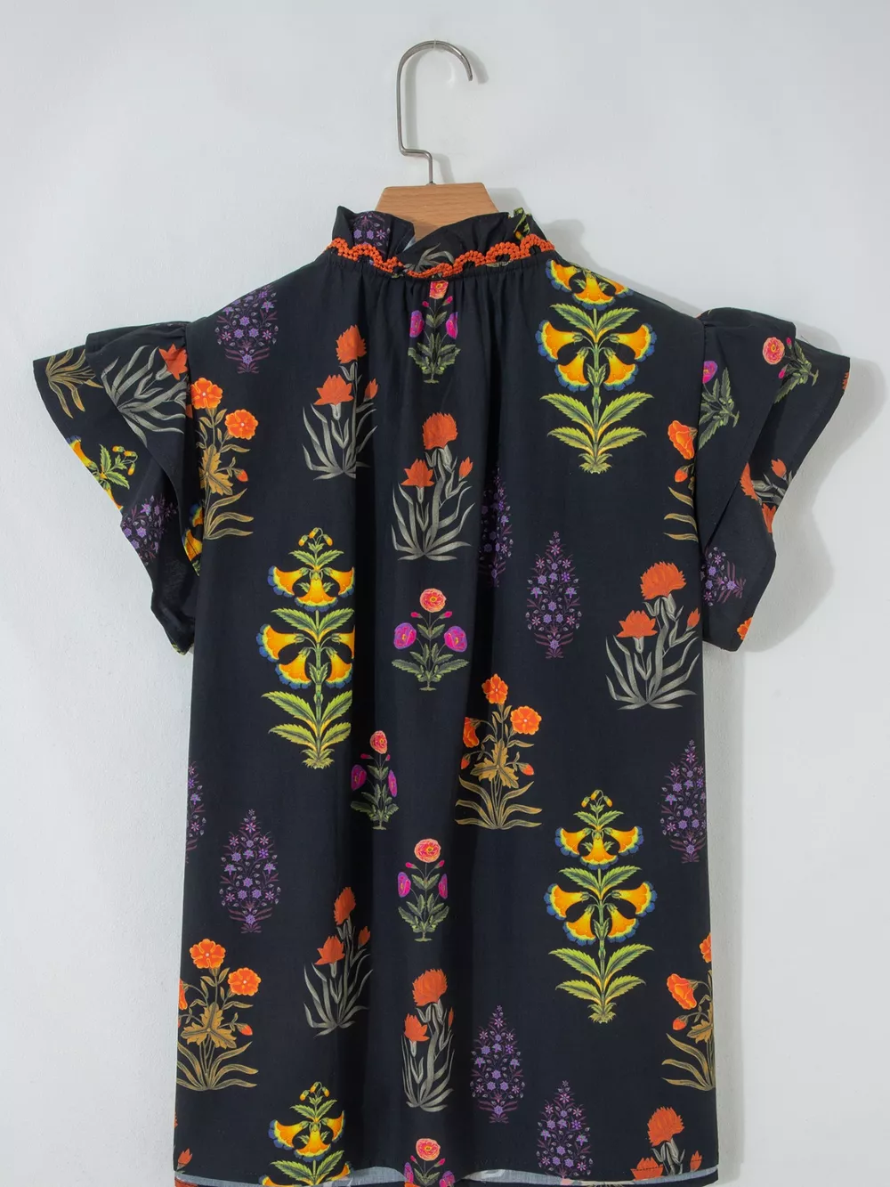 Floral Print Lace Trim Frilled V Neck Short Sleeve Shirt, image 2