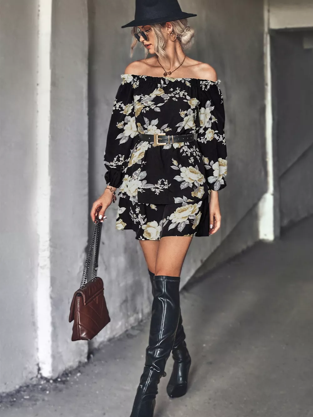 Off-Shoulder Floral Print Long Sleeve Mini Dress, image 3