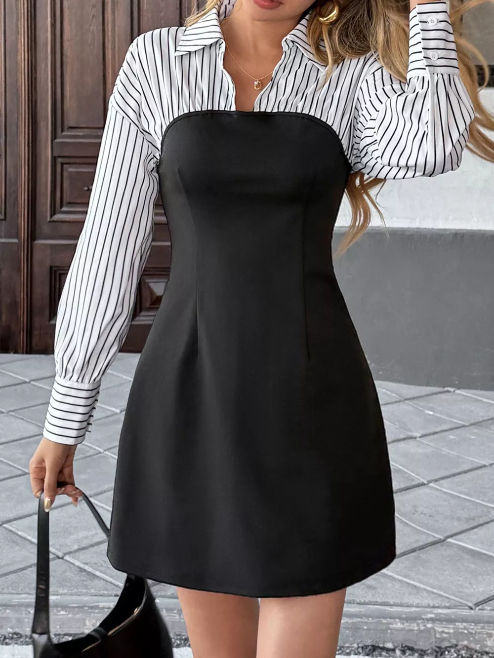 Striped Shirt Panel Bodycon Mini Dress, image 2