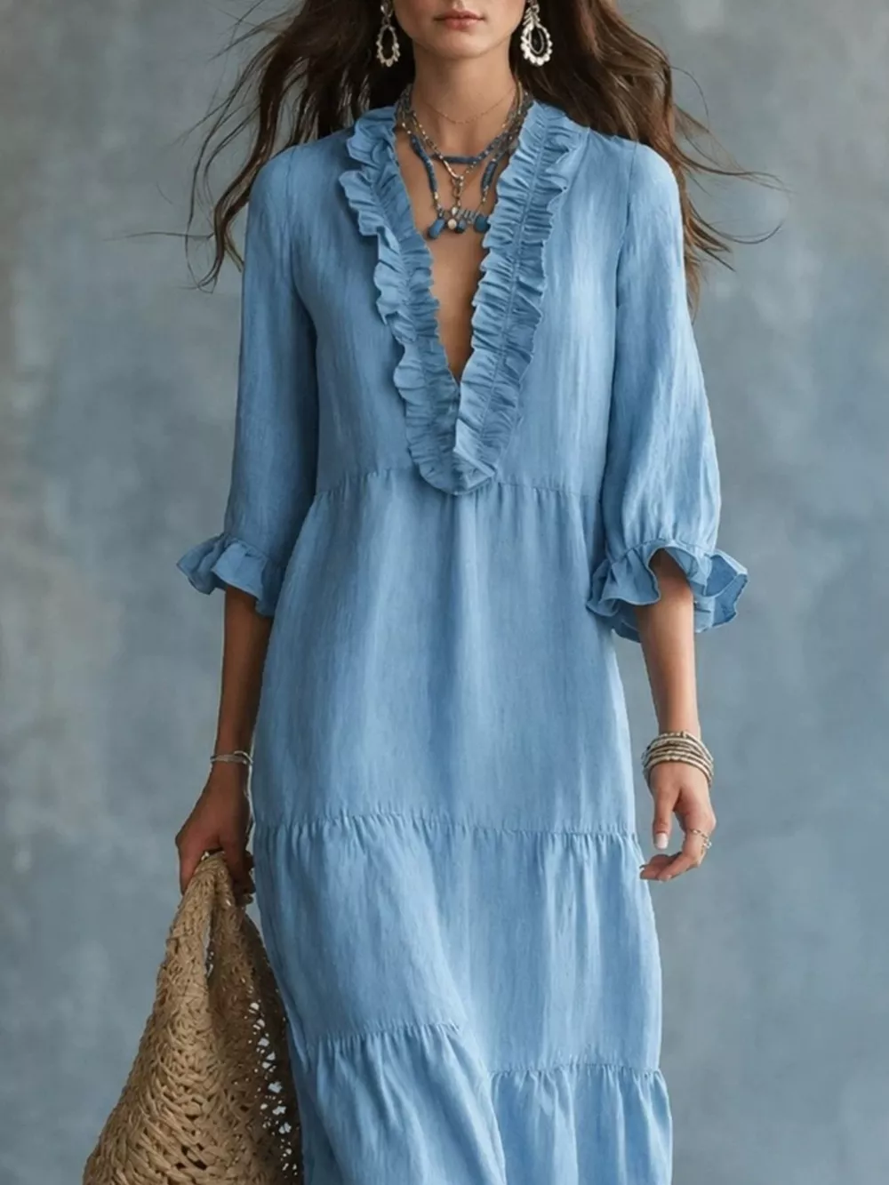 Ruffled V-Neck Tiered Maxi Dress, image 3