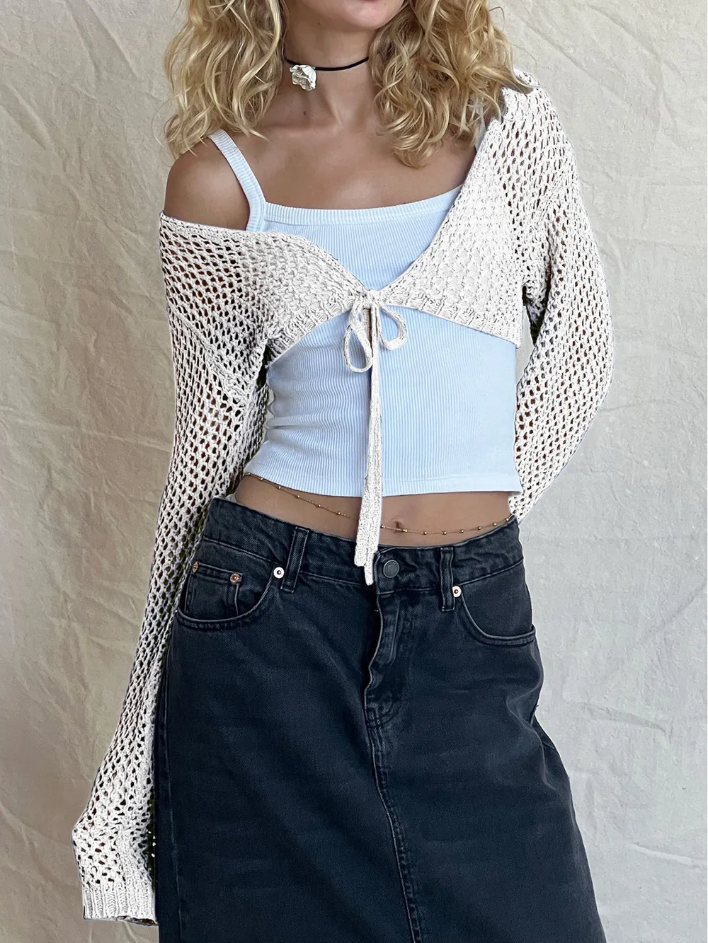 Openwork Tied Dropped Shoulder Cardigan, image 6