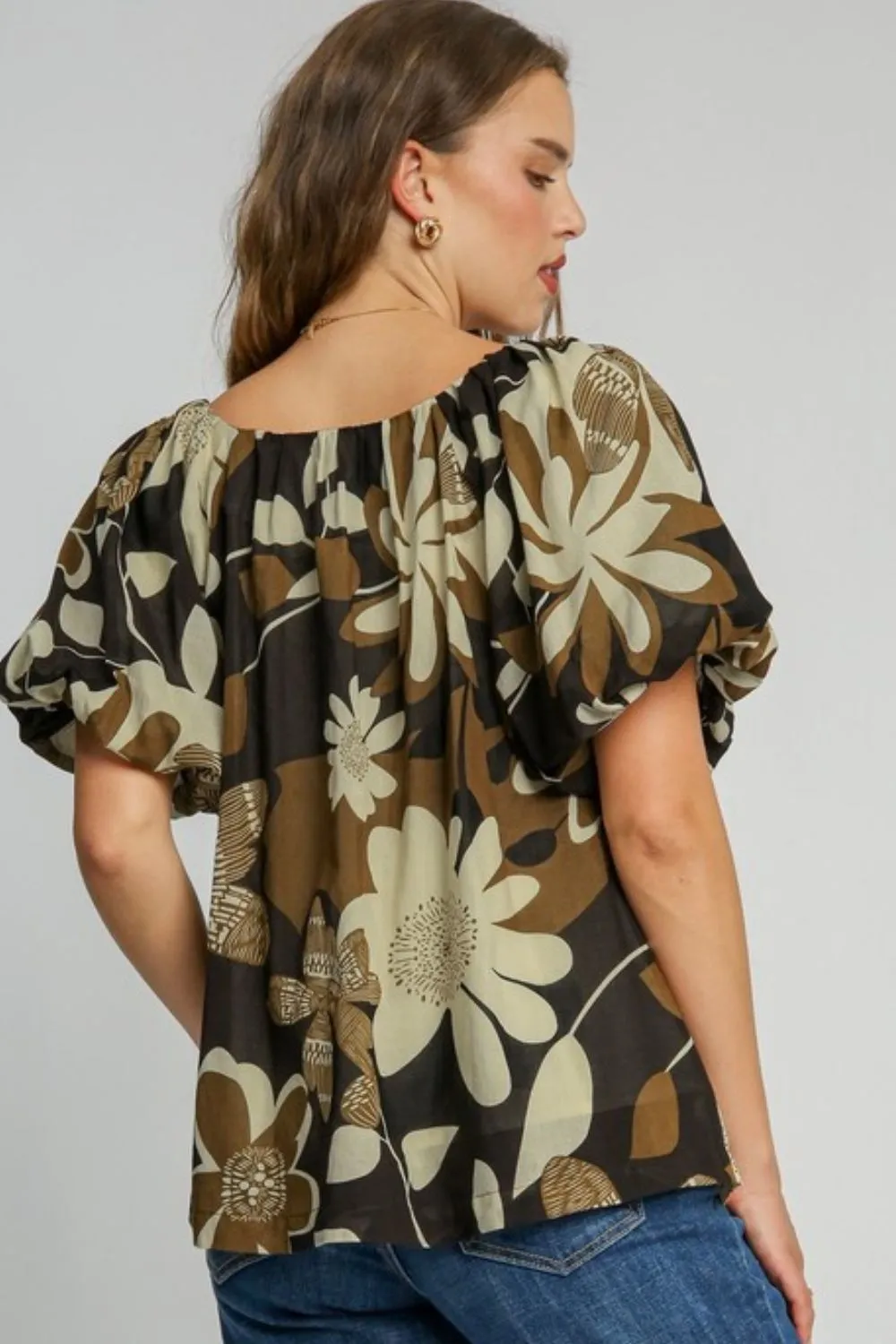 Full Size Print Round Neck Puff Sleeve Top Plus Size, image 2