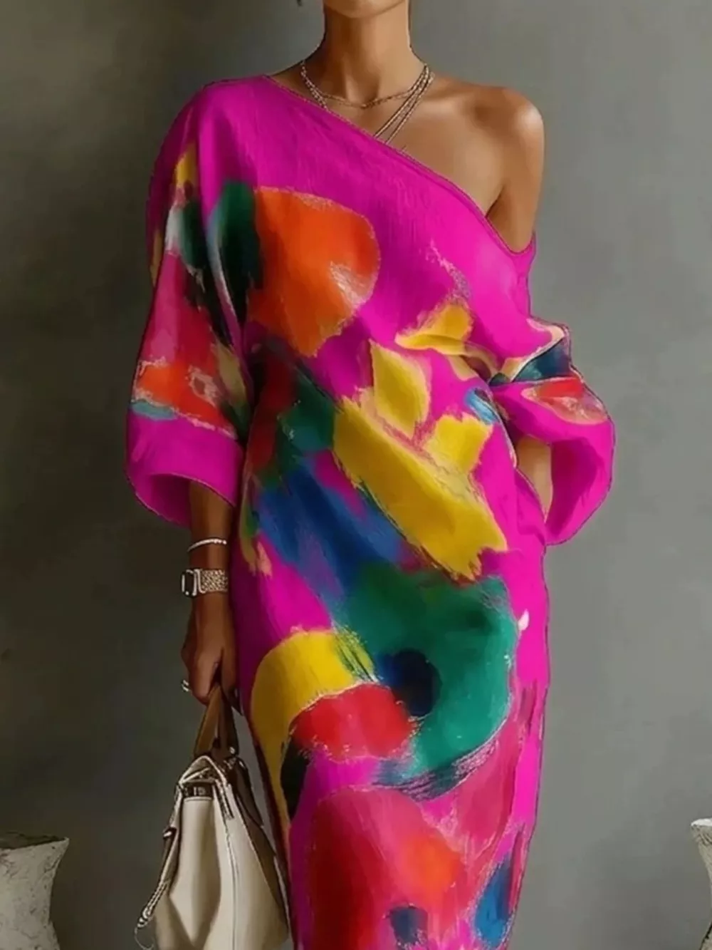 Full Size One-Shoulder Abstract Print Loose Fit Maxi Dress Plus Size, image 4