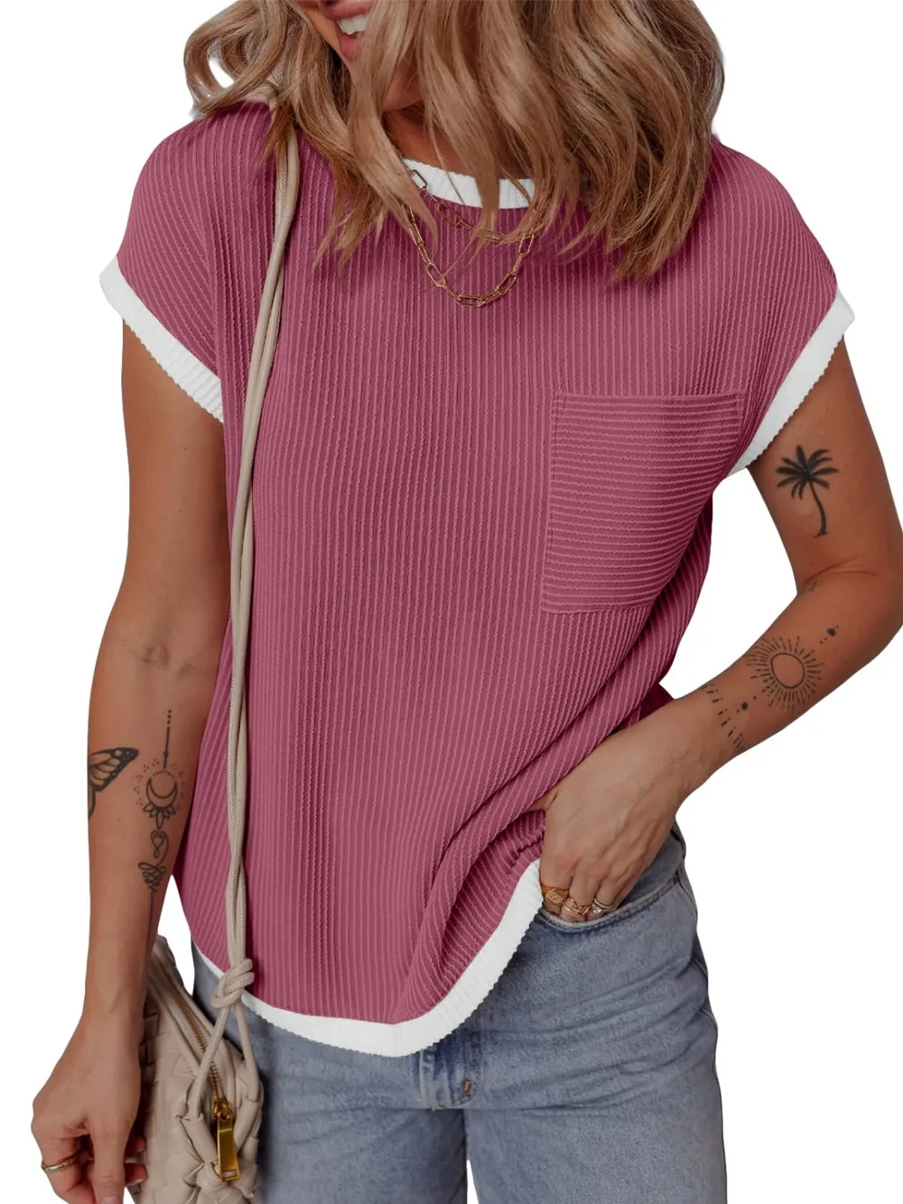 Contrast Trim Round Neck Short Sleeve T-Shirt, image 25
