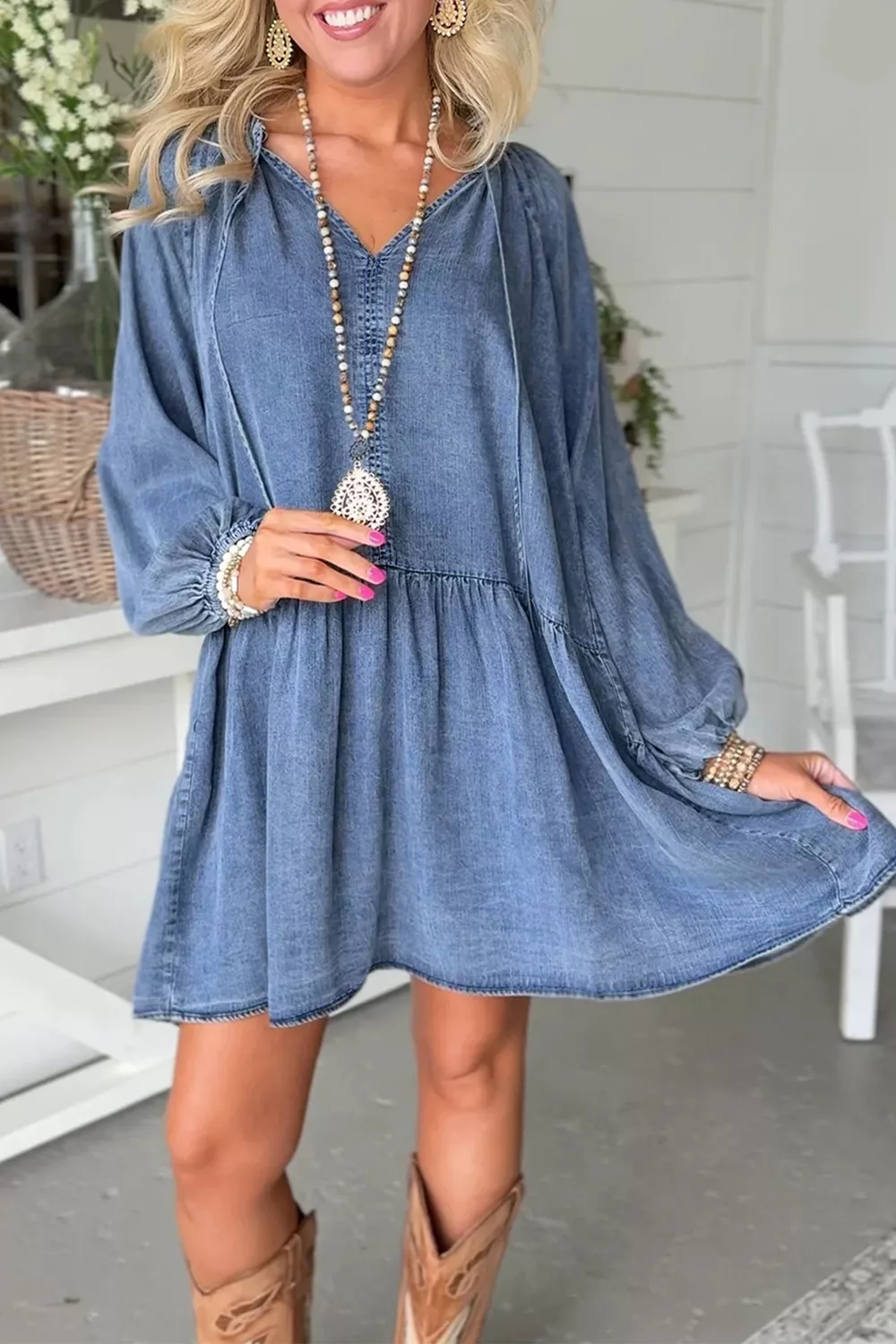 Puff Sleeve V Neck Ruffled Loose Denim Mini Dress, image 4