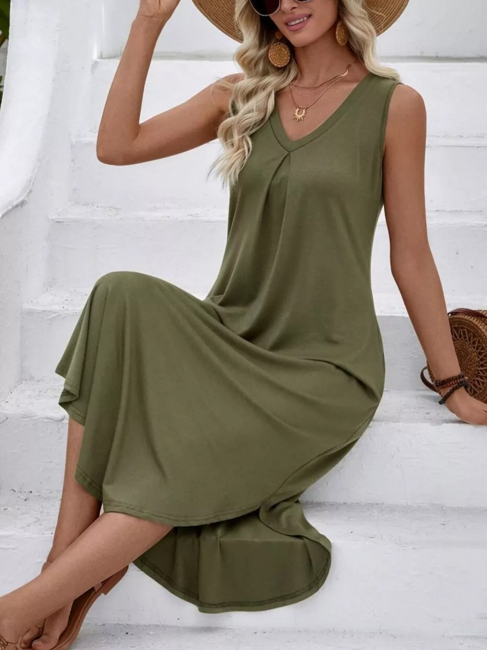 Casual Sleeveless V-Neck Pocket Midi Dress, image 7