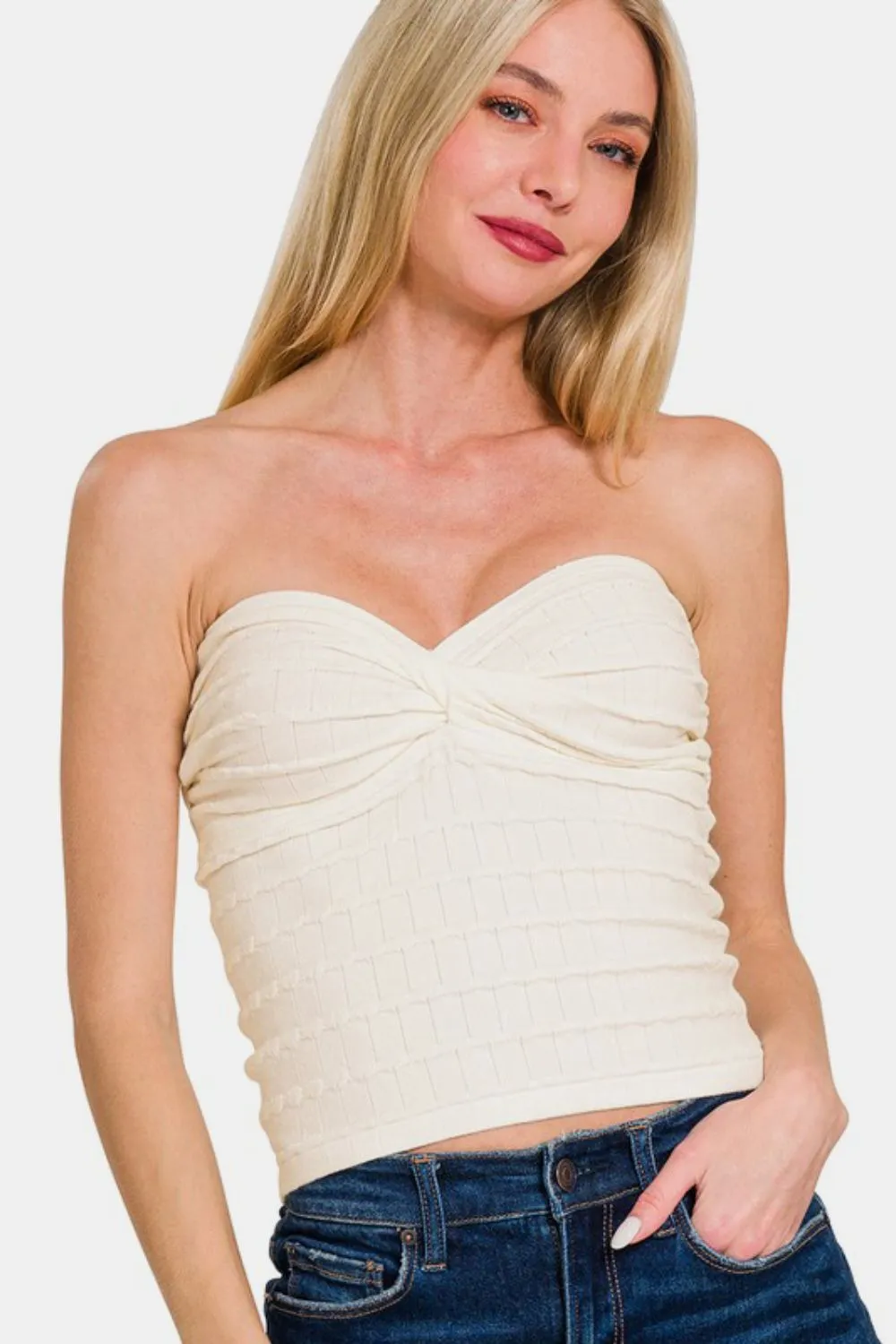Ruched Twisted Sweetheart Neck Top