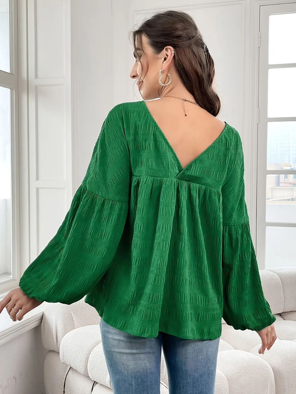 Plus Size Texture V-Neck Long Sleeve Top, image 2