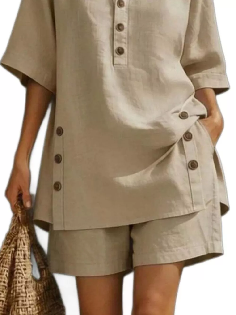 Full Size Casual Linen Button-Down Shirt & Shorts Set Plus Size, image 6