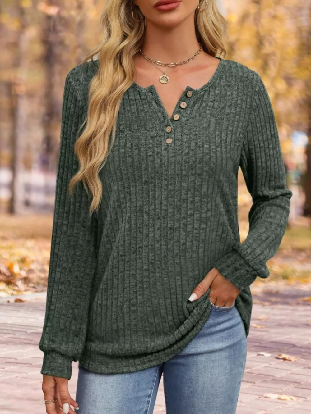 Ribbed Knit Button-Front Long Sleeve T-Shirt, image 17