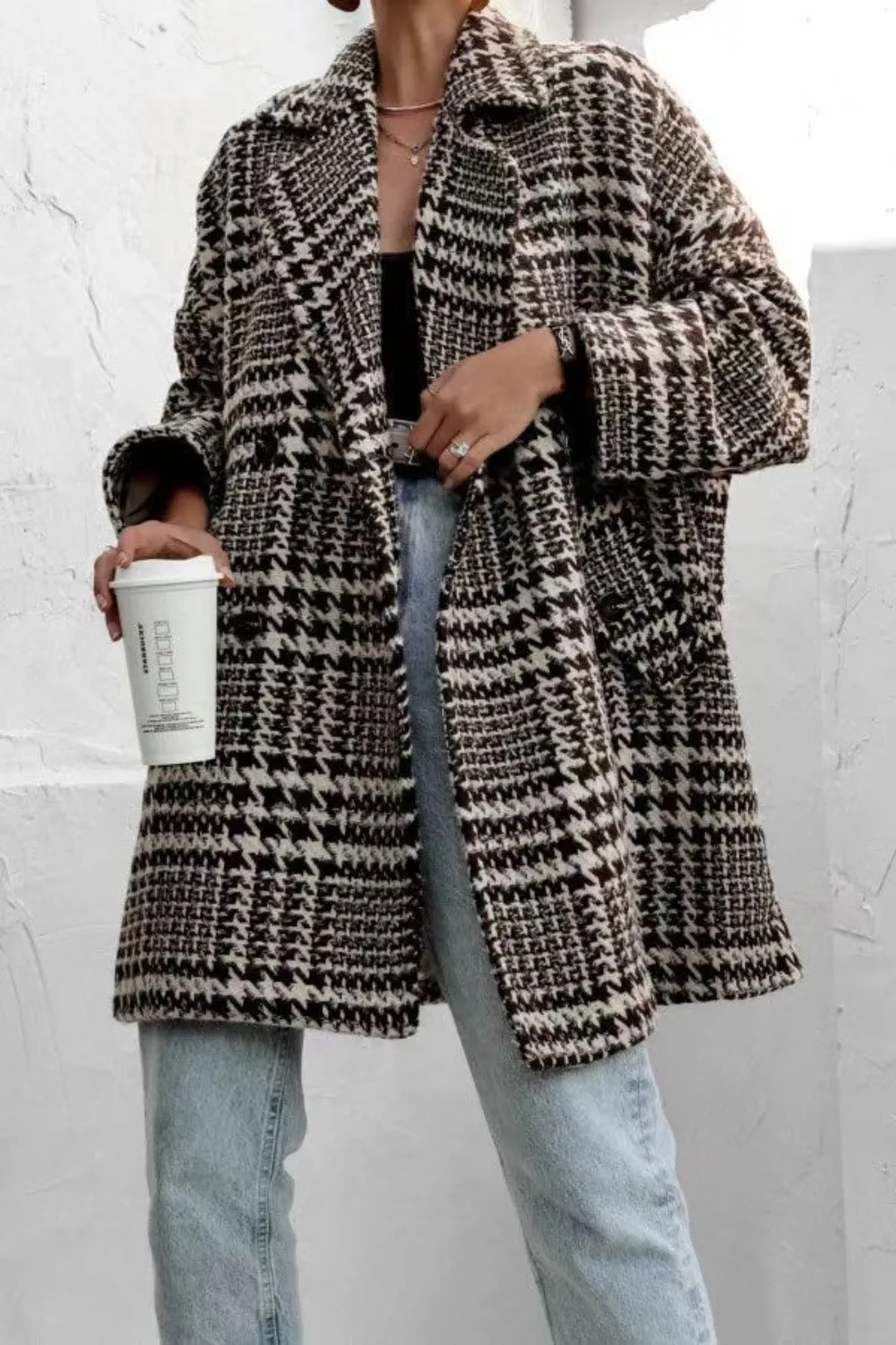 Houndstooth Collared Neck Long Sleeve Coat with Pockets, image 7