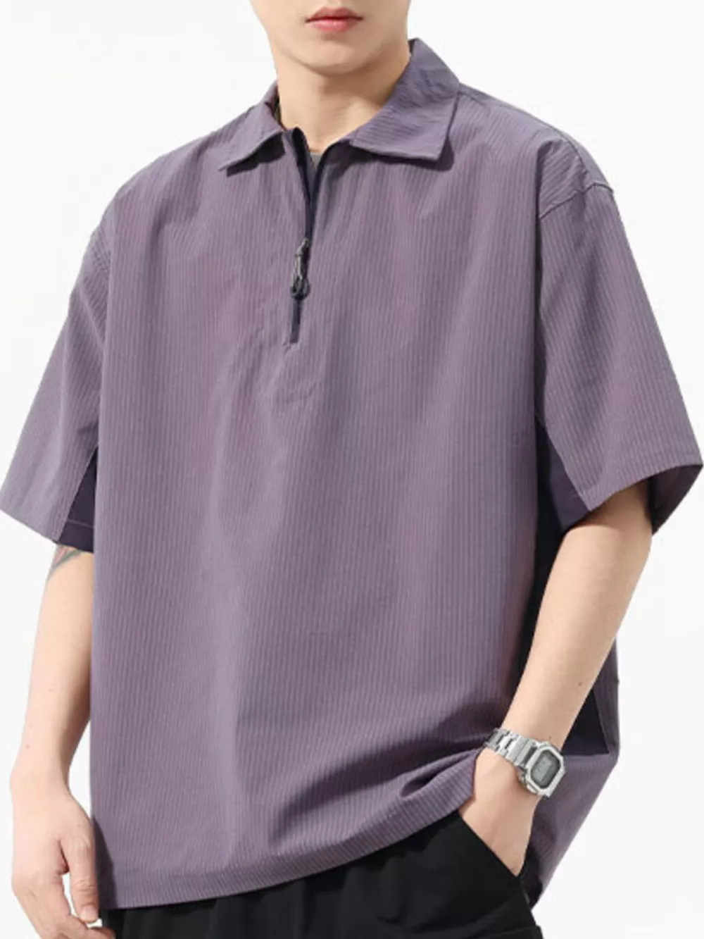 Men's Plus Size Zipper Front Half Sleeve Casual Polo, image 3
