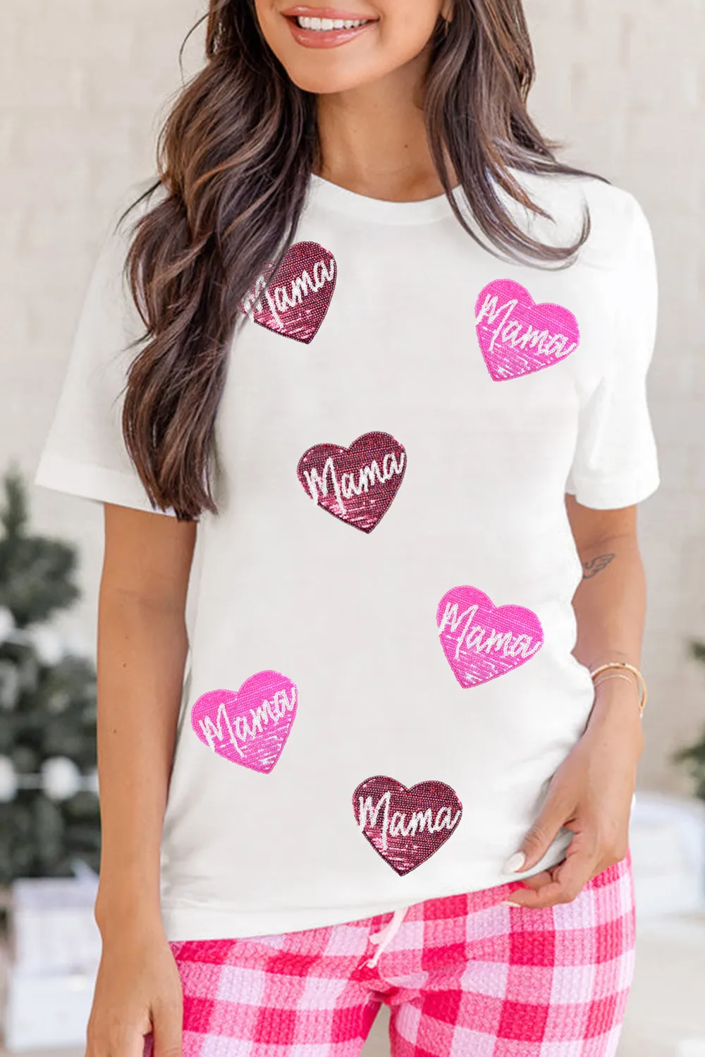 MAMA Heart Shape Sequin Patched Crew Neck T Shirt, image 2