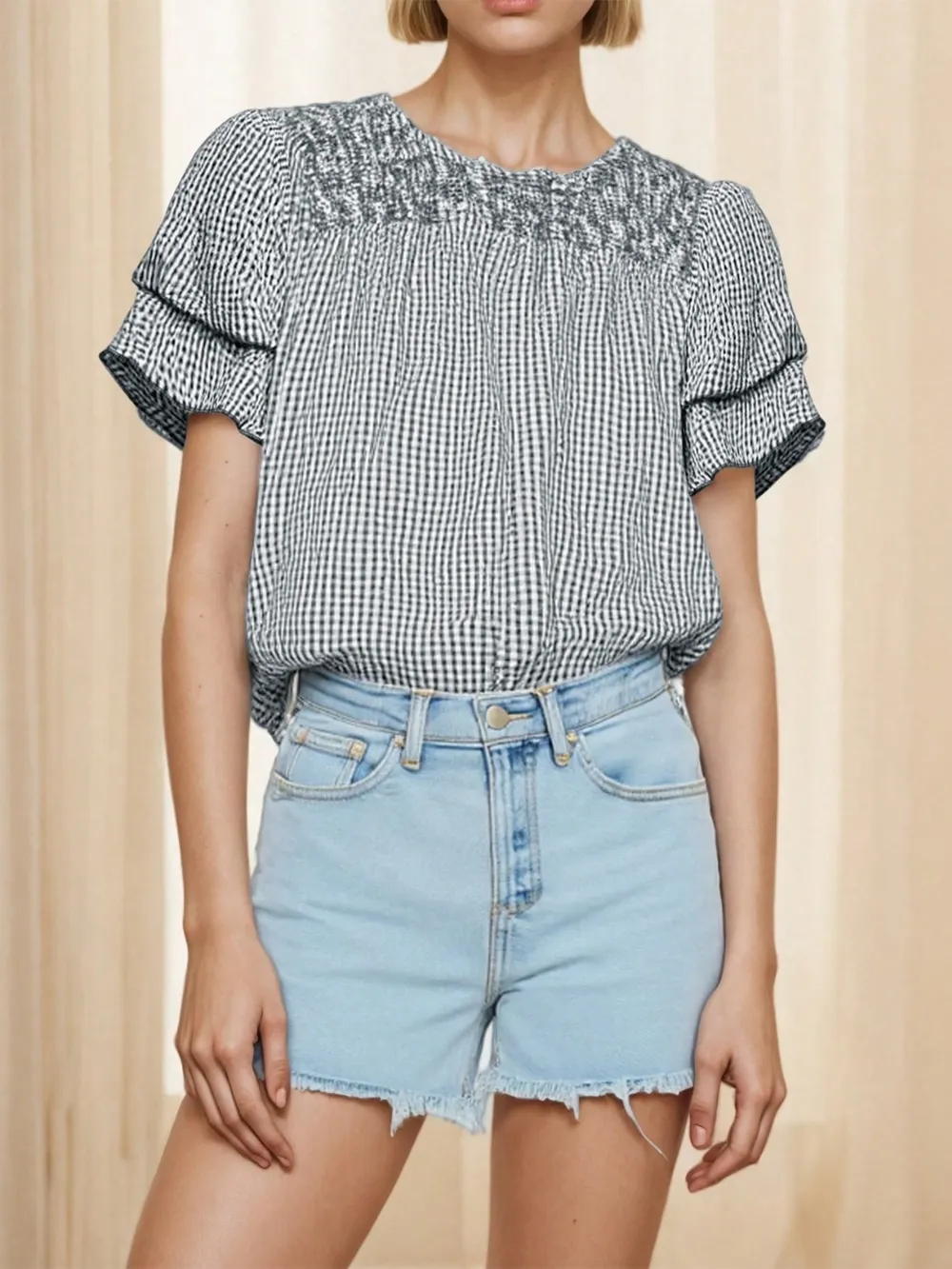Smocked Plaid Round Neck Layered Short Sleeve Blouse, image 3
