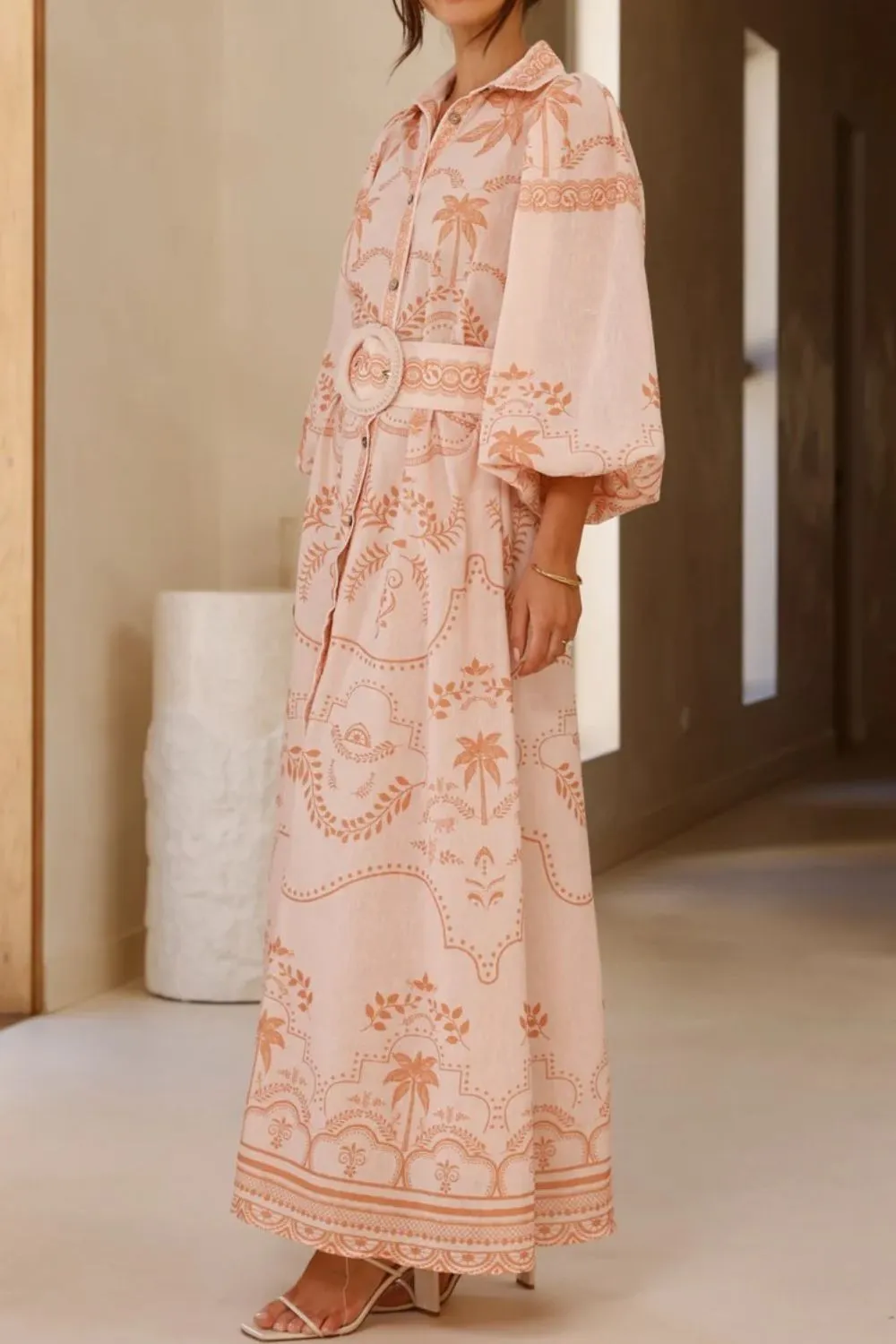 Printed Balloon Sleeve Maxi Shirt Dress, image 3