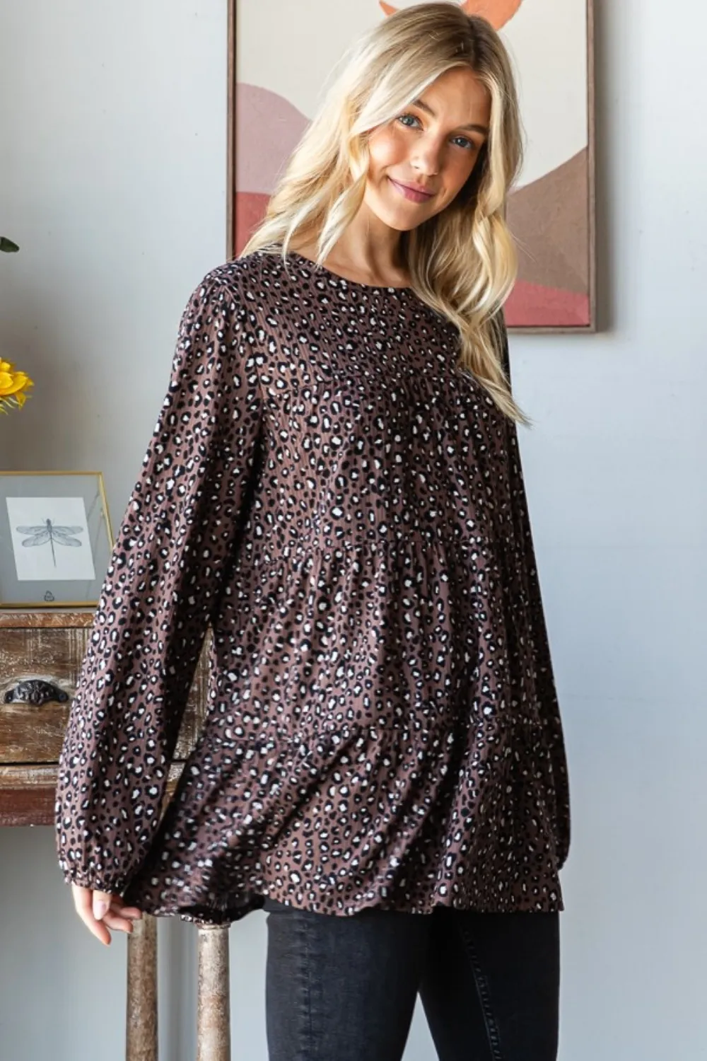 Leopard Long Sleeve Tiered Blouse, image 3