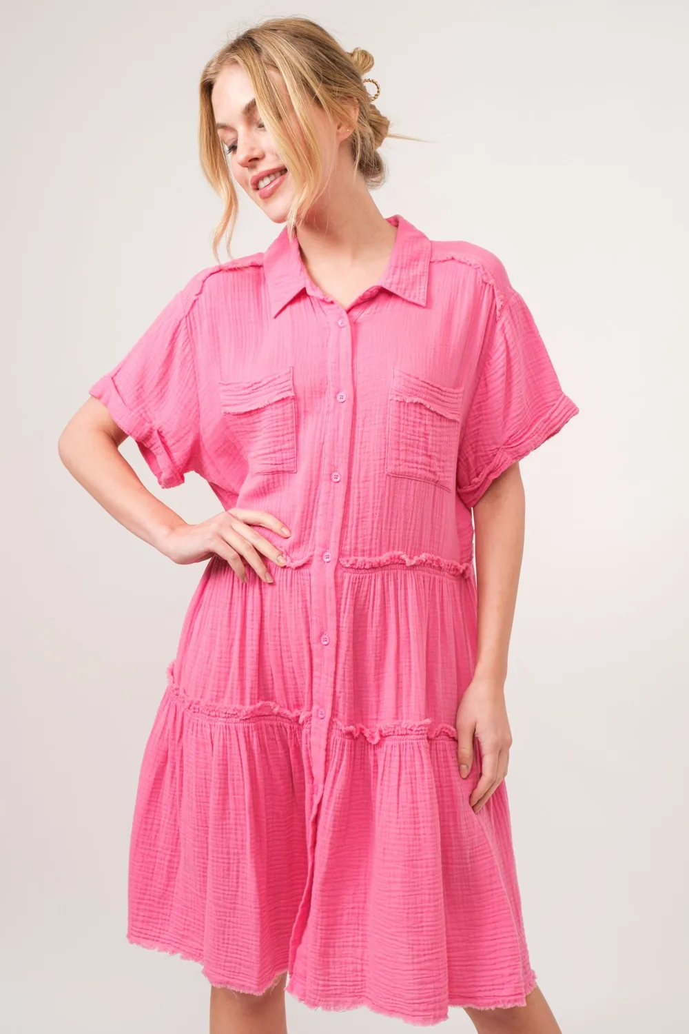 Full Size Raw Edge Washed Tiered Shirt Dress, image 3