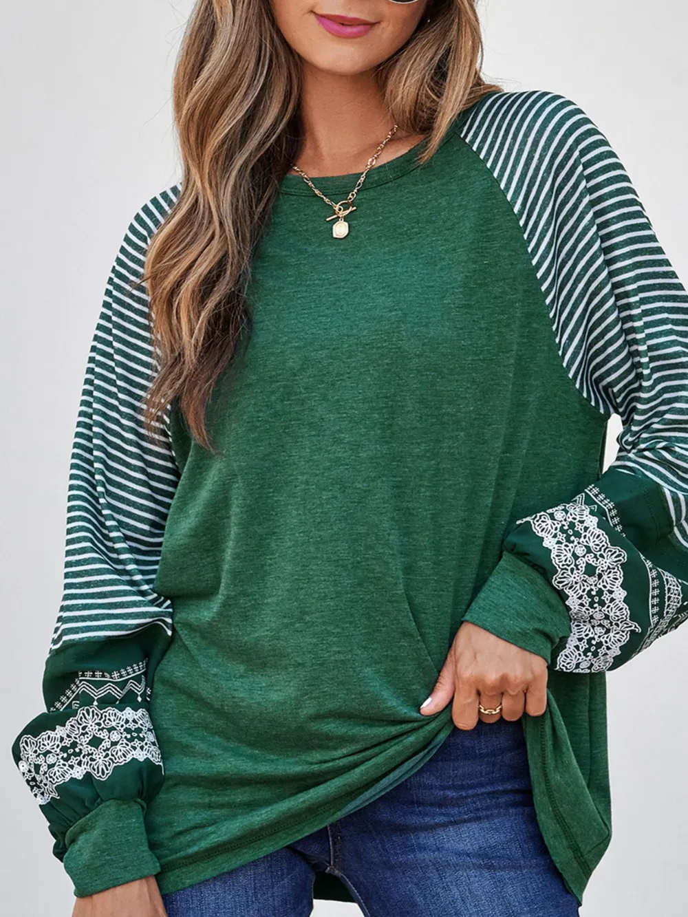 Contrast Print Striped Raglan Long Sleeve Loose Top, image 2