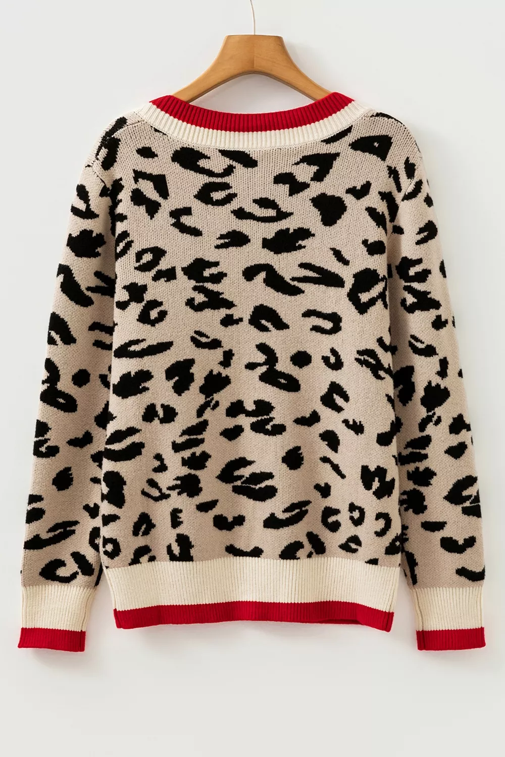 Leopard Pattern V-Neck Contrast Rib Knitted Sweater, image 6