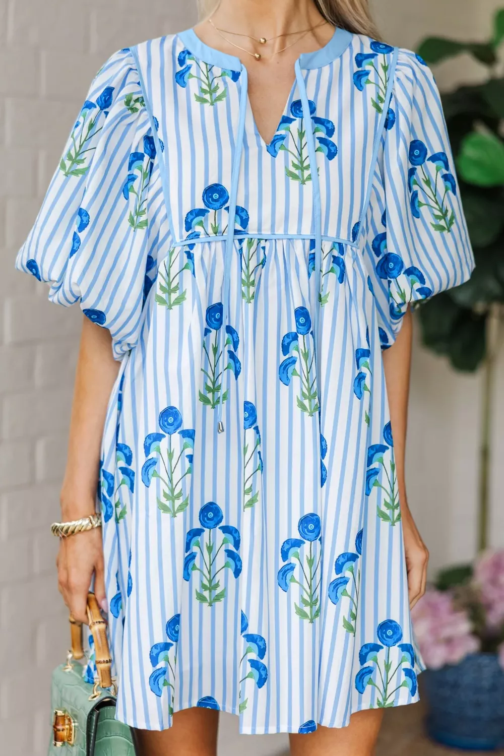 Floral Striped Print Tie Notched Neck Puff Sleeve Flared Mini Dress, image 3