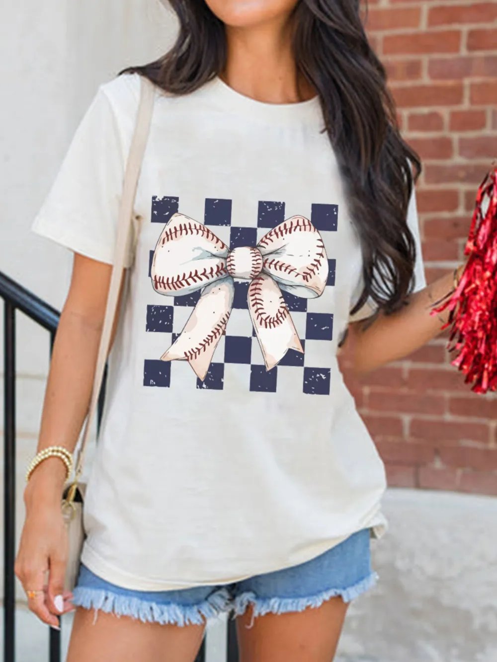 Checkered Bowknot Graphic Crew Neck T Shirt, image 2
