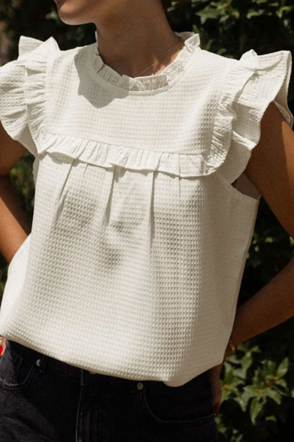 Solid Color Ruffle Trim Waffle Knit Blouse
