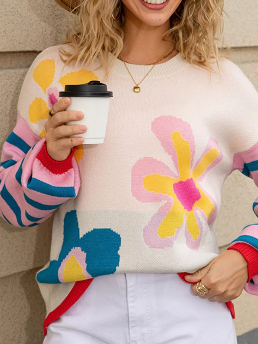 Floral Striped Crew Neck Sweater, image 6