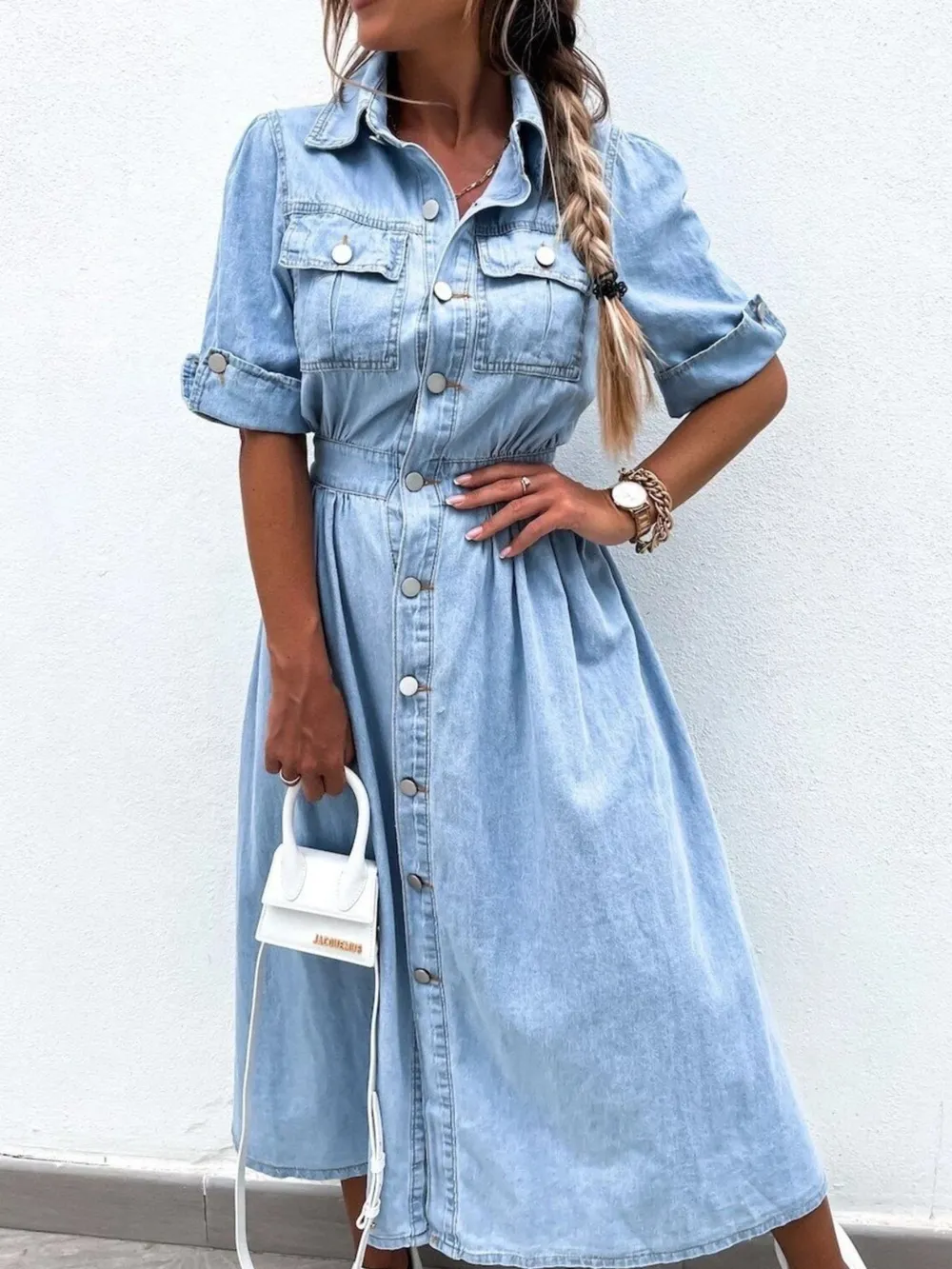 Full Size Button Down Roll-Up Sleeve Denim Shirt Dress Plus Size, image 4