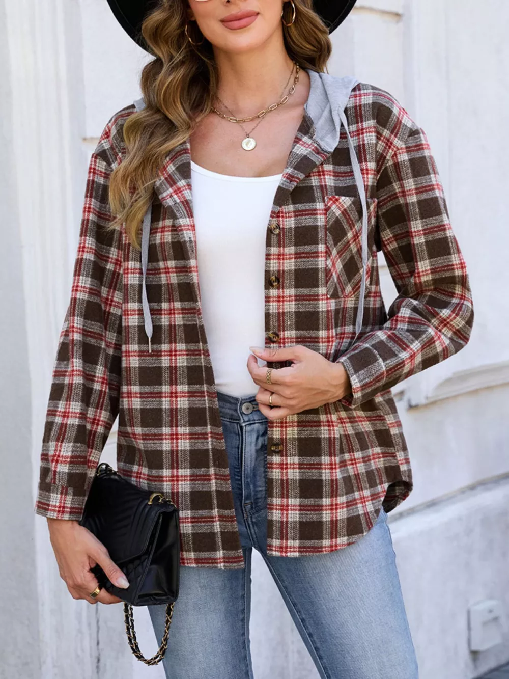 Hooded Plaid Button-Up Shacket, image 9