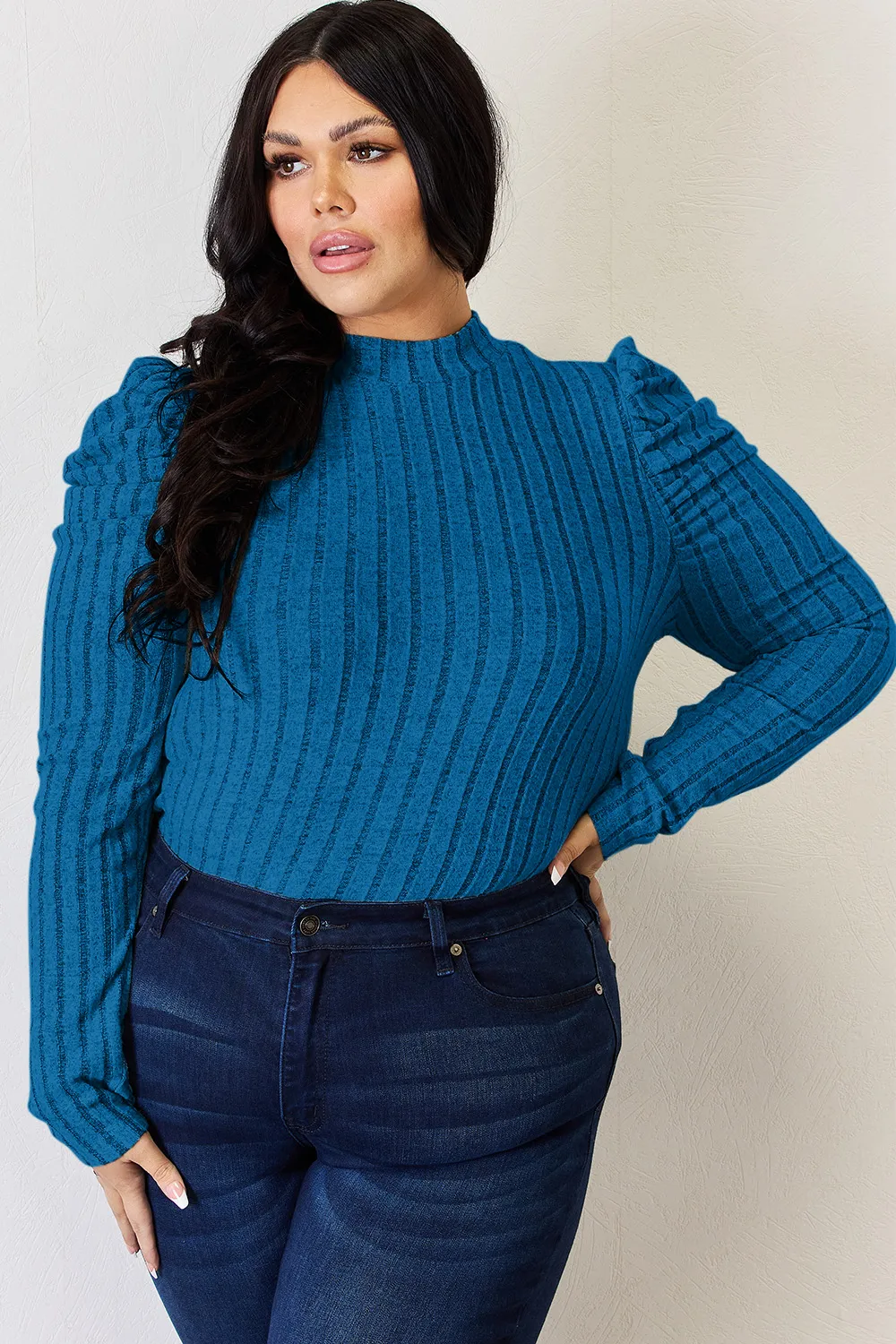 Full Size Ribbed Mock Neck Puff Sleeve T-Shirt, image 12