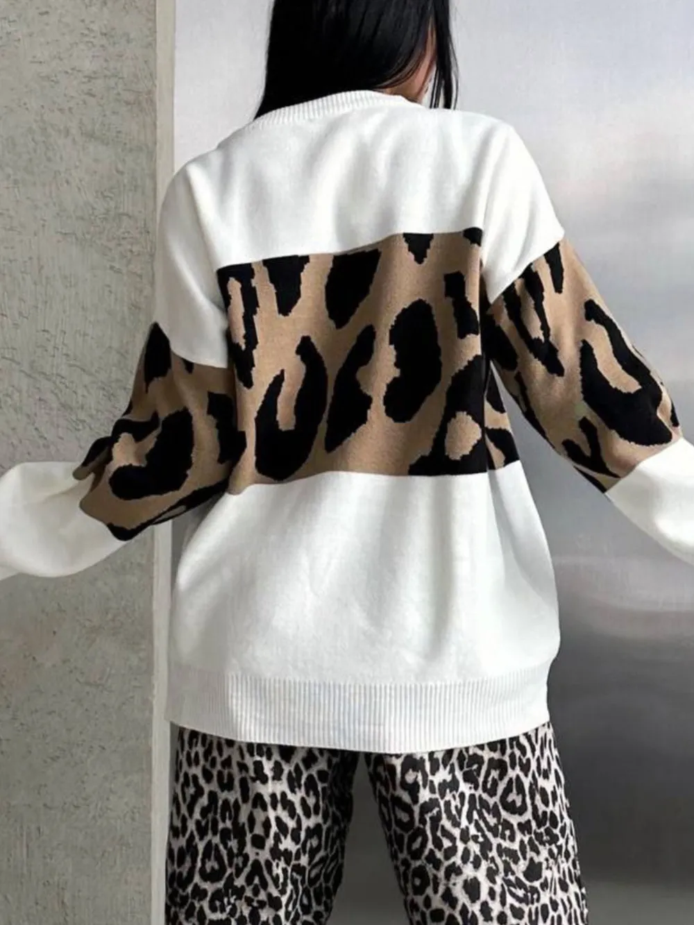 Leopard Color Block Round Neck Sweater, image 3