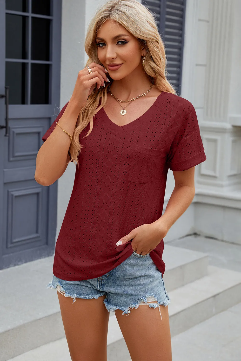 Eyelet V-Neck Short Sleeve T-Shirt, image 5