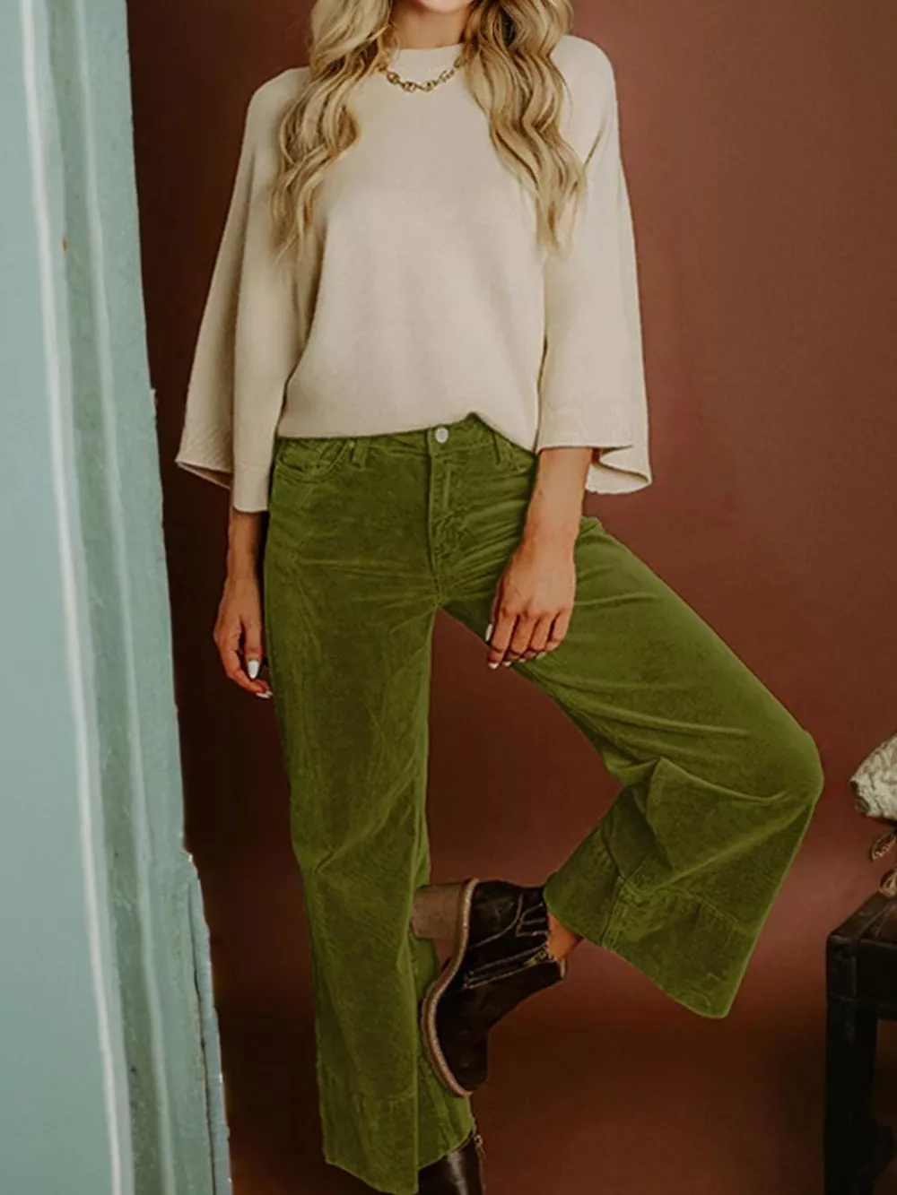 Corduroy Solid Color High Waist Wide Leg Pants, image 3