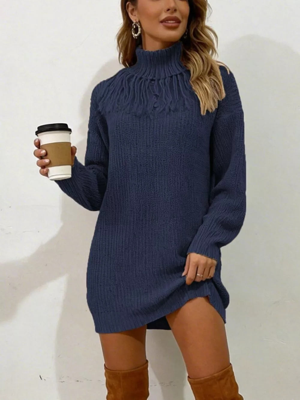 Full Size Turtleneck Fringe Detail Sweater Dress Plus Size, image 2
