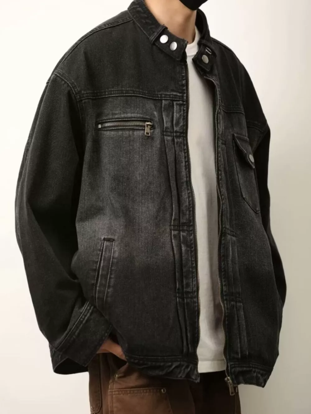 Men's Full Size Washed Zip Up Denim Jacket Plus Size